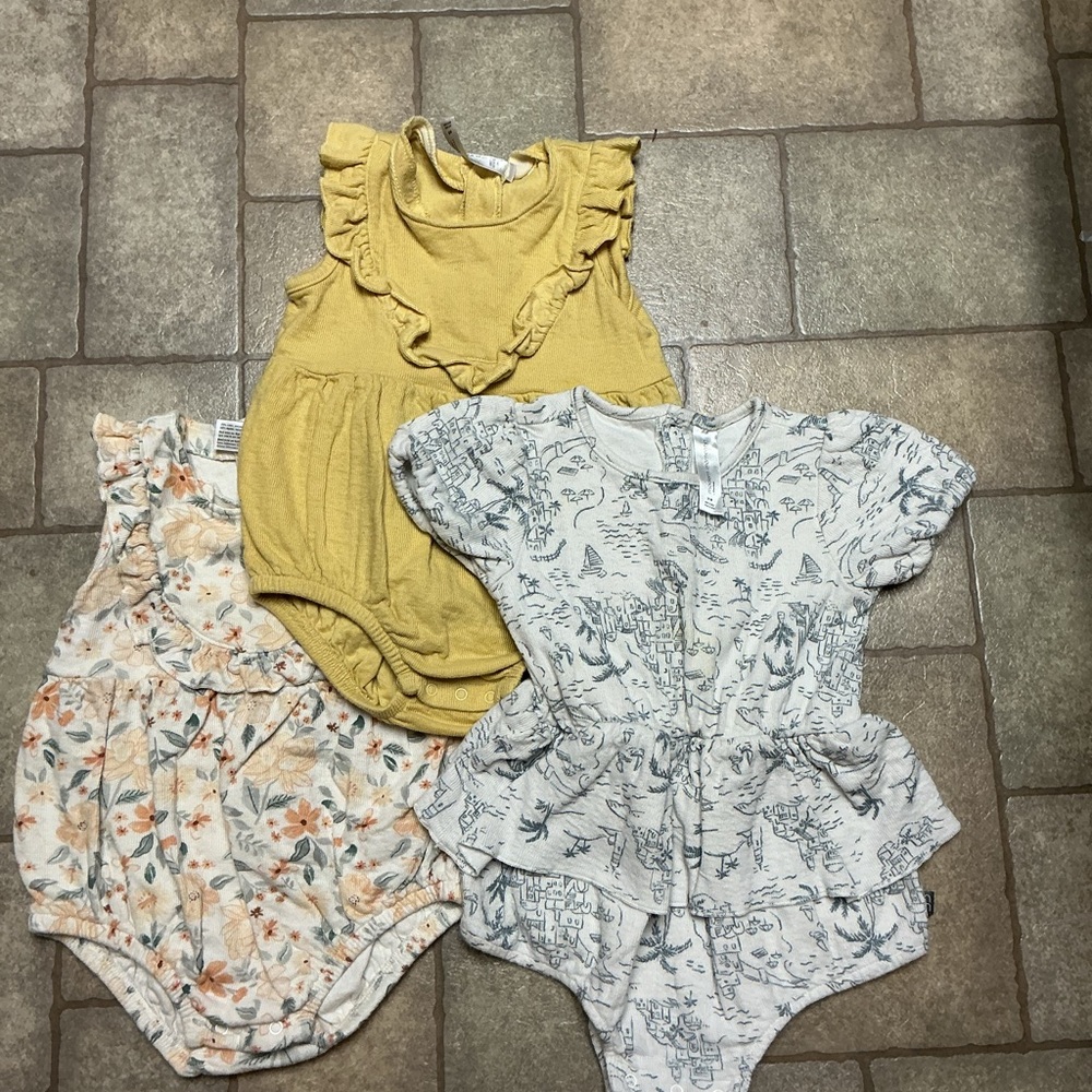 Set of Three Baby Rompers - Yellow, Floral, Gray